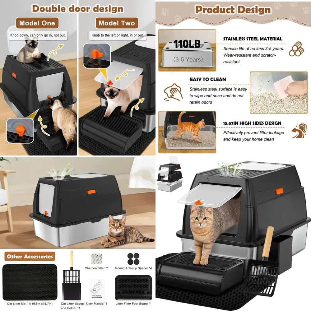 Lettiera Chiusa Extra Large con Coperchio, Ingresso Frontale XL per Gatti Grandi, Vassoio Superiore in Metallo, Tappetino, Filtro Carbone (Nero)