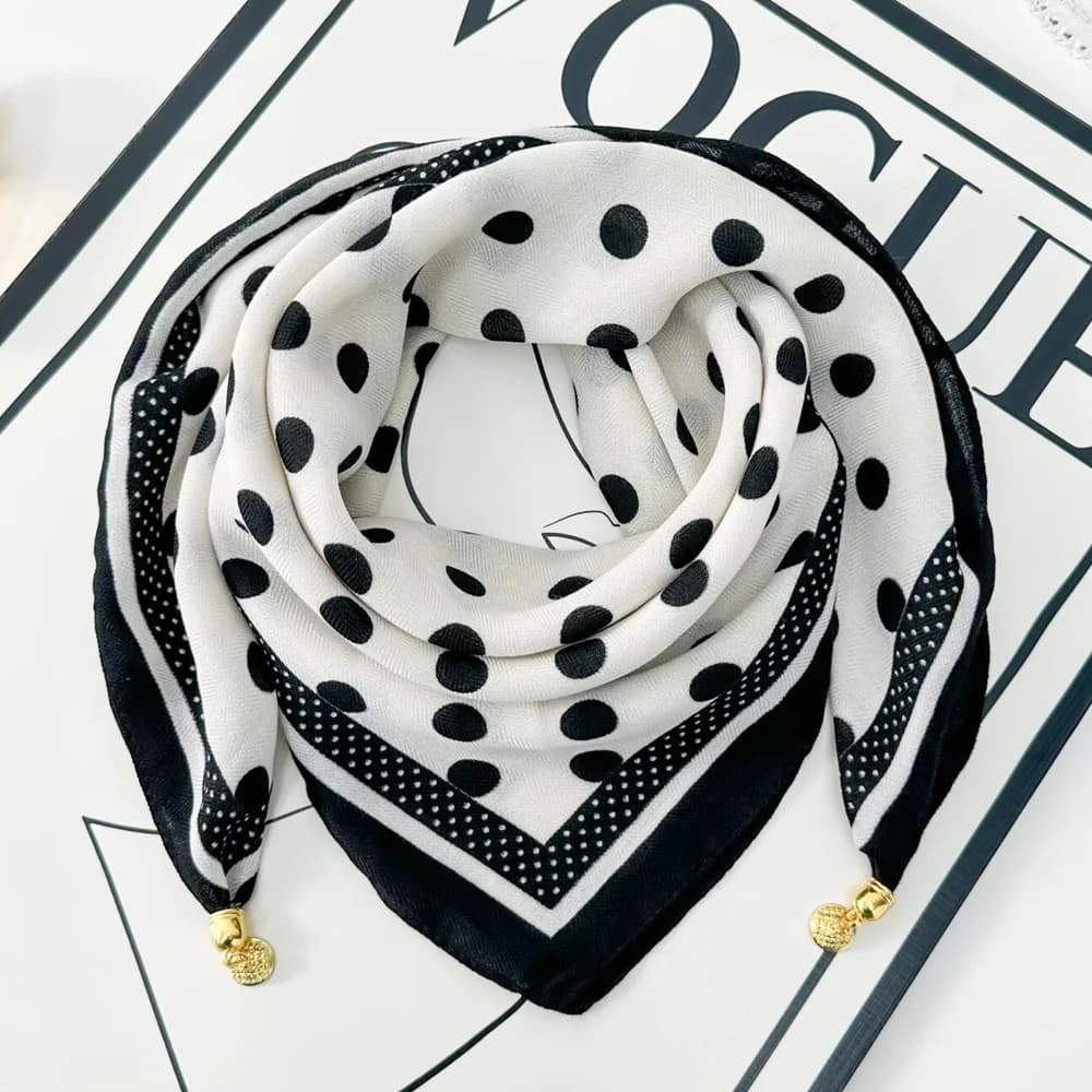 Women Fashion Luxury Polka Dot Print Magnetic Buckle Square Scarf Elegant Fashion Silk Bandana Wraps Shawl Neckerchief Hijab