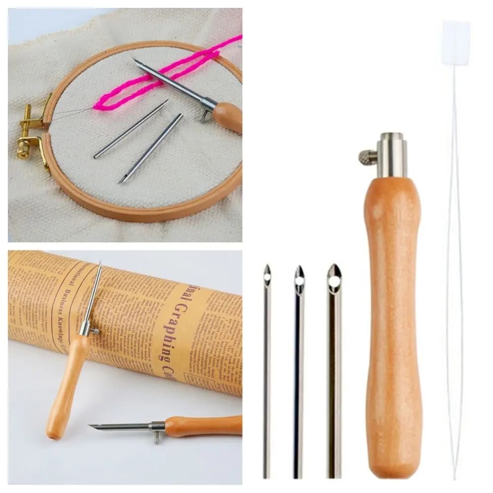 5Pcs 2.5mm/3.5mm/5mm Punch Needle Set Adjustable DIY Punch Stitching Kit Wooden Handle Embroidery Craft Cross Stitch Needles