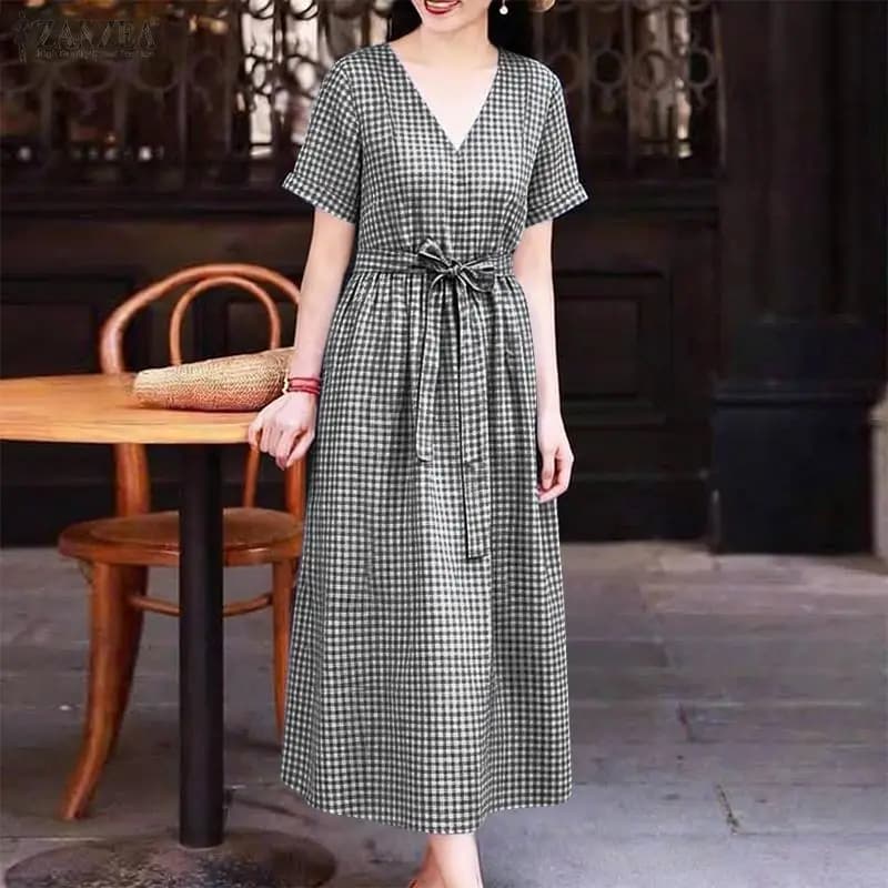 Women Summer Plaid Checked Dress 2026 ZANZEA Elegant V Neck Short Sleeve Work Sundress Casual Holiday Lace -Up Dresses Midi Robe