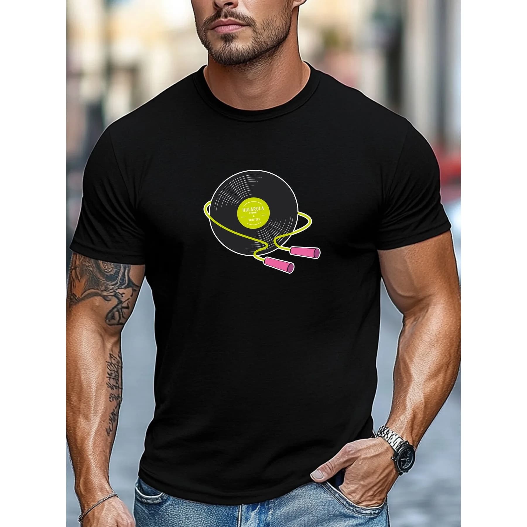 Record And Jump Rope Graphic Cotton T-Shirt For Men Short Sleeve Casual Crew Neck Tee