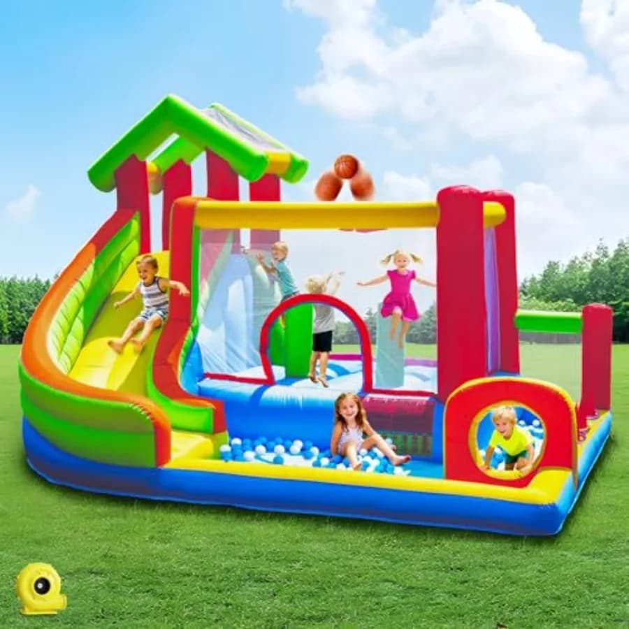 Parco Giochi Gonfiabile 7-in-1 per Bambini 3-10 Anni con Scivolo e Piscina di Palline, Area Salto Gigante e Canestro da Basket, Soffiatore Professionale Incluso