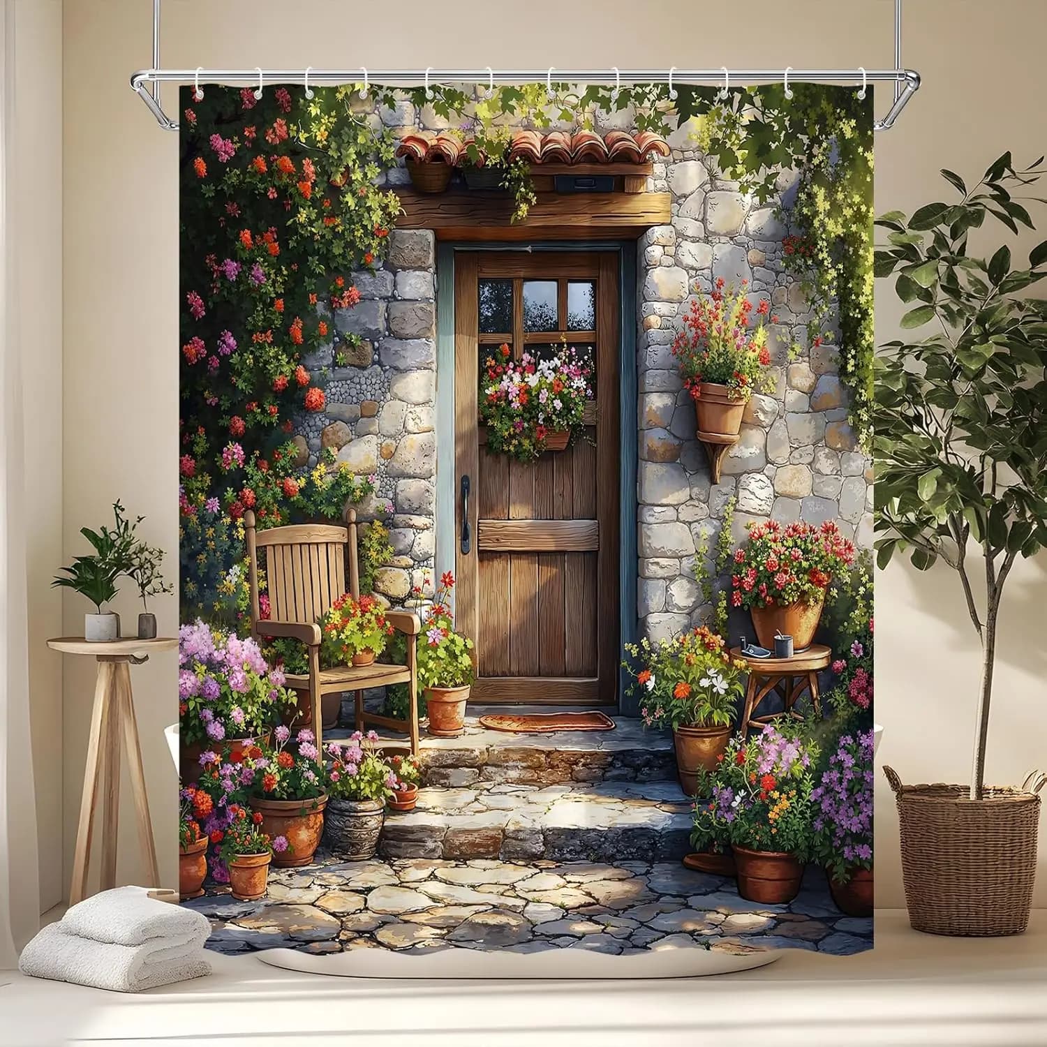Tenda da doccia rustica stile fattoria, con motivo floreale e rampicanti, ispirato a strade toscane e giardini primaverili, con parete in pietra e motivi floreali e vegetali.