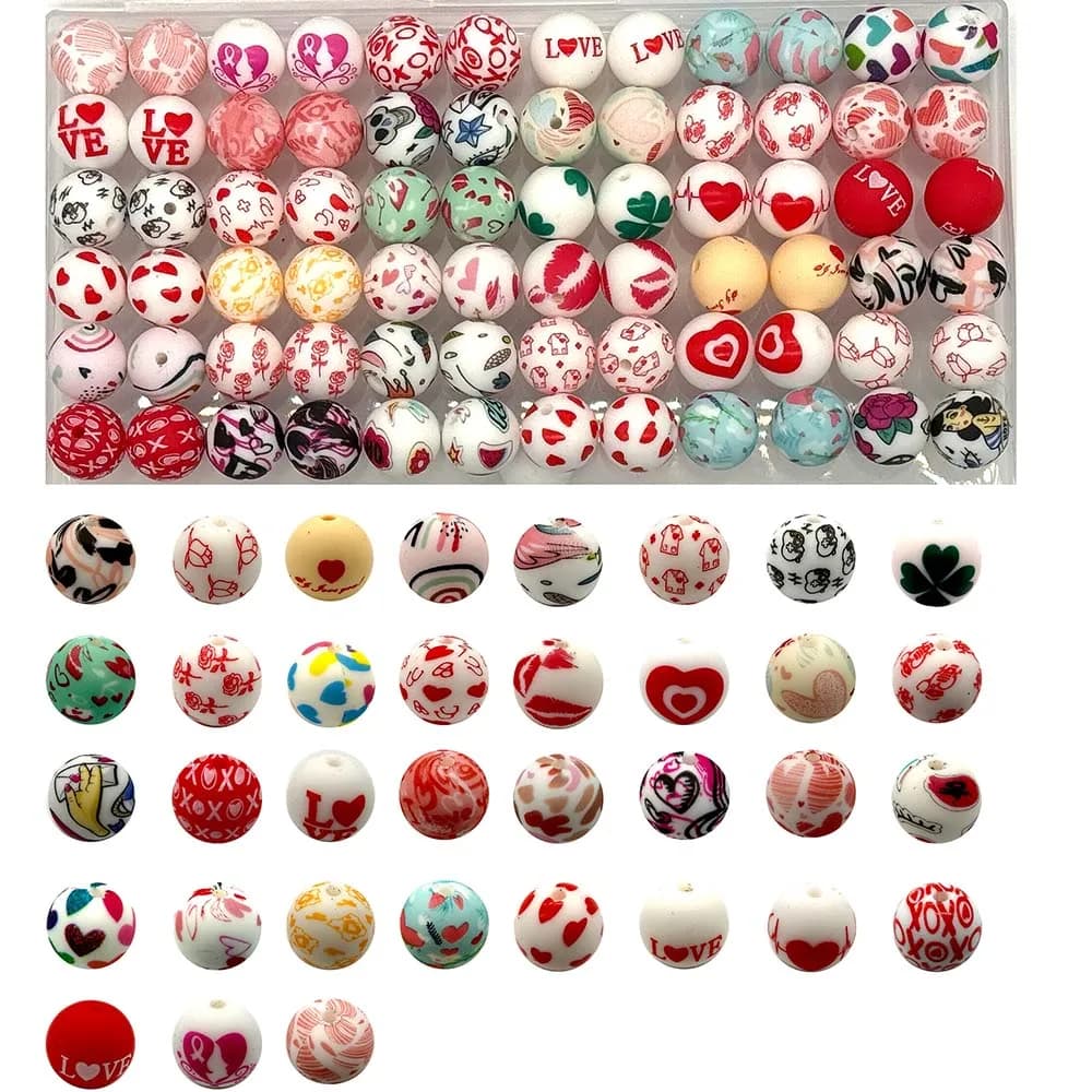 10 Pz/20 pz 15mm San Valentino serie stampata rotonda perline di silicone Collana FAI DA TE Penna di Plastica In Rilievo Portachiavi Borsa catene perline