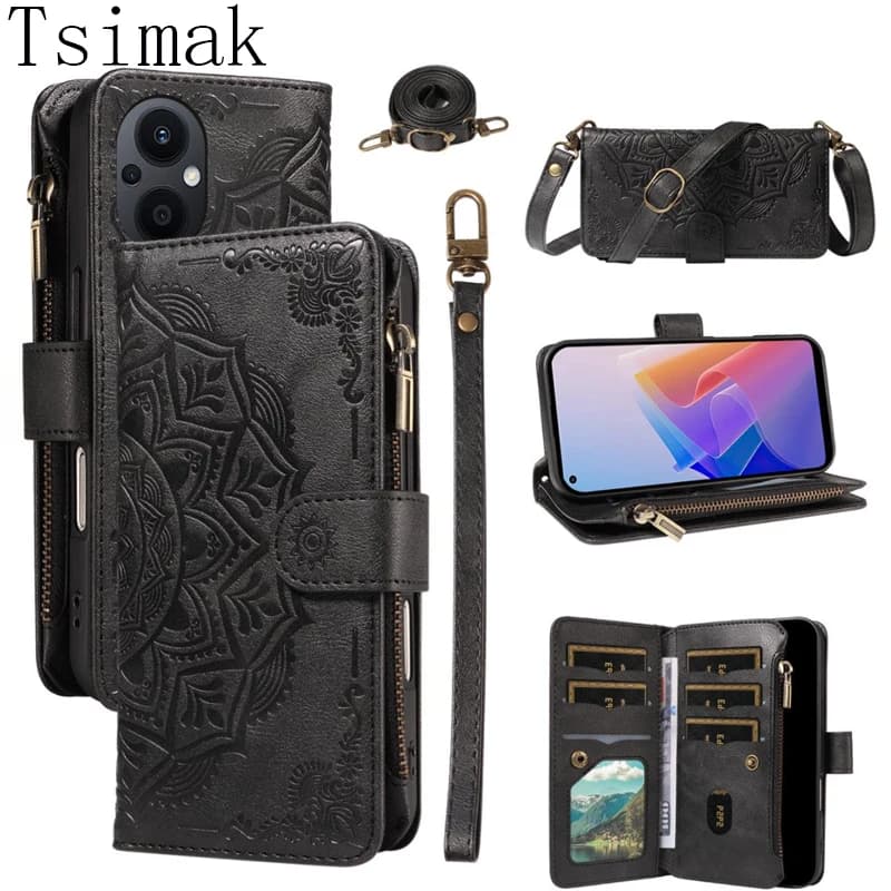 Leather Case For OPPO A94 A95 A36 A76 A96 Cover Reno 5 Z 7 Lite 8 Pro Plus 5F 5Z 6Z 7Z 8T 4G 5G Zipper 9 Card Flip Wallet Coque
