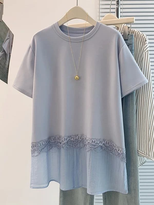 Summer 2026 Casual Wide Color Block Short Sleeve T-Shirt Women's Fashion Design Slimming Versatile Top Creative Pattern Linen...