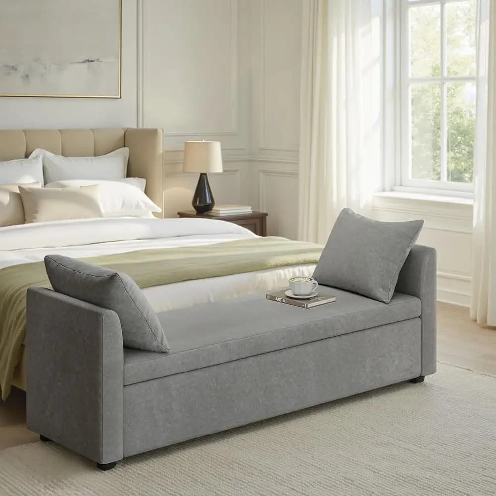 Pouf contenitore grigio con braccioli e cuscini decorativi, panca per camera da letto, sgabello multiuso per soggiorno, sala da pranzo e ingresso