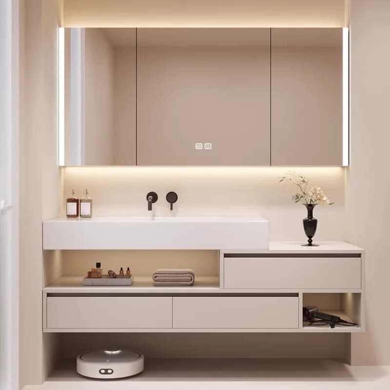 Set lavabo da bagno con specchio intelligente, lavabo in ceramica, scarico in rame