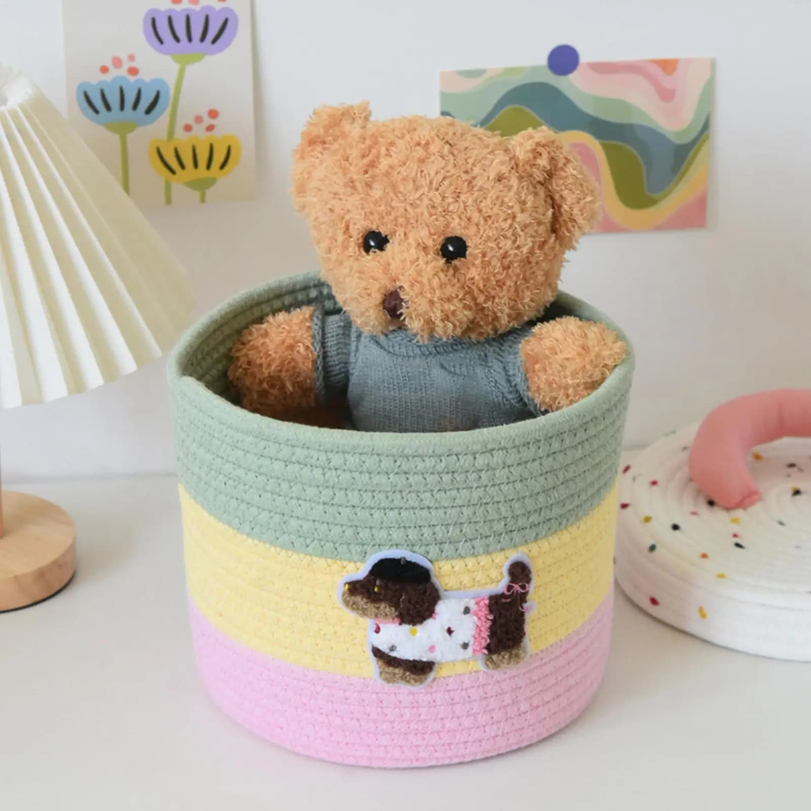 Cord basket with lid, nice portable cotton rope container with lid, small box for toys, yarn, crafts, sewing, laundry