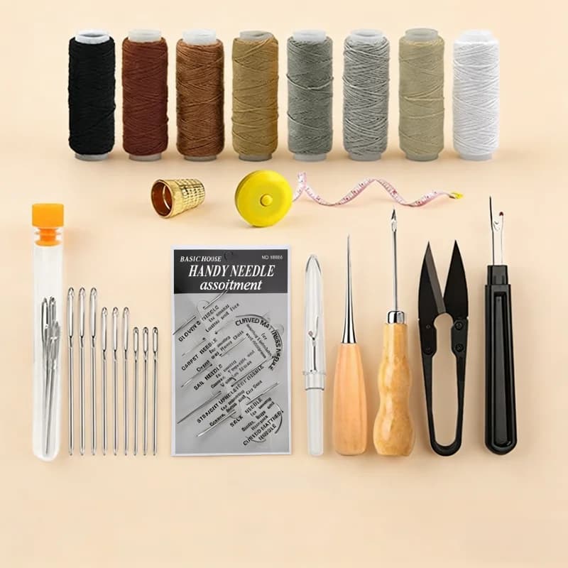 Kit per la lavorazione del cuoio, kit per cucire il cuoio, ago a occhiello largo, filo cerato, kit per la riparazione di tappezzerie in pelle, strumenti per la lavorazione del cuoio