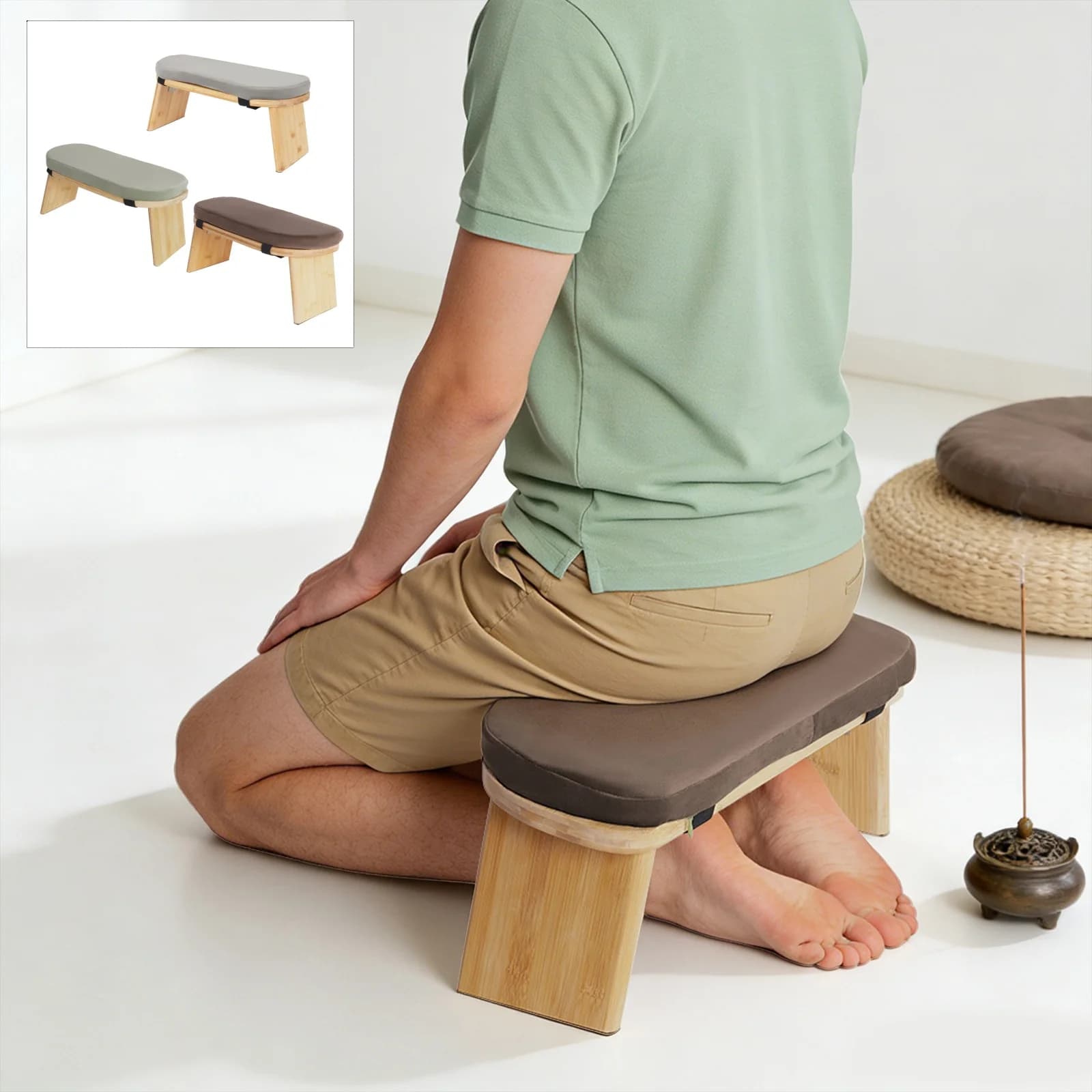 Ergonomic Bamboo Meditation Bench - Foldable Prayer Stool with Soft Cushion for Yoga/Posture Support (Coffee/Gray/Green Color)