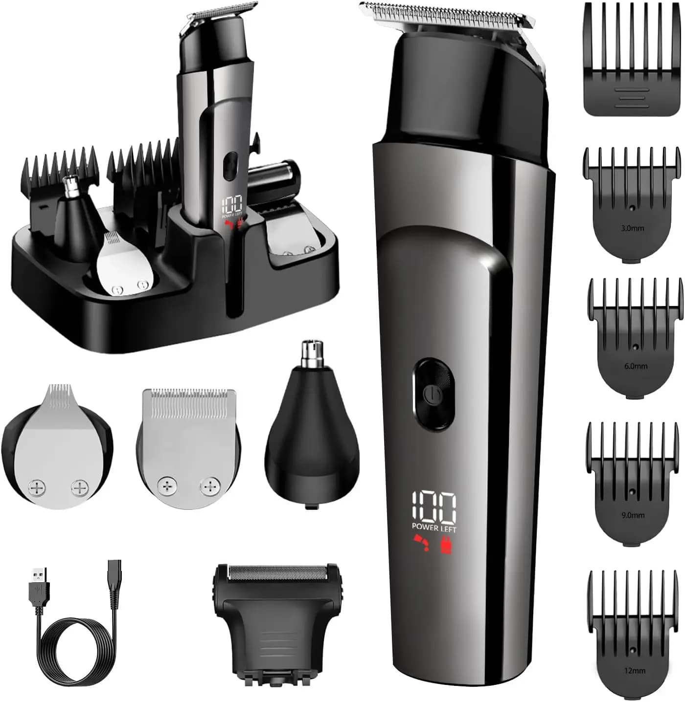 Kit Regolabarba Cordless 5-in-1 con Display LED, Rasoio Ricaricabile Impermeabile per Uomo