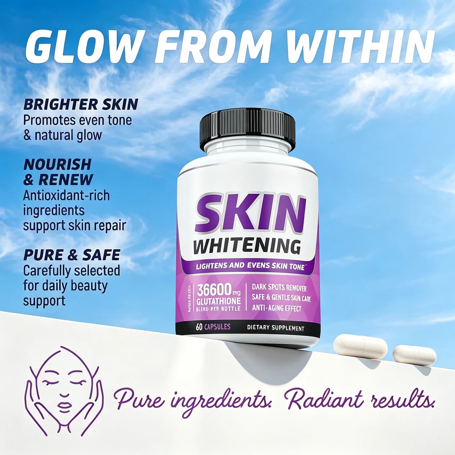 Glutathione Whitening Pills - Skin Lightening Pills - Dark Spot Remover - Glutathione Whitening Skin Supplement with Vitamin C