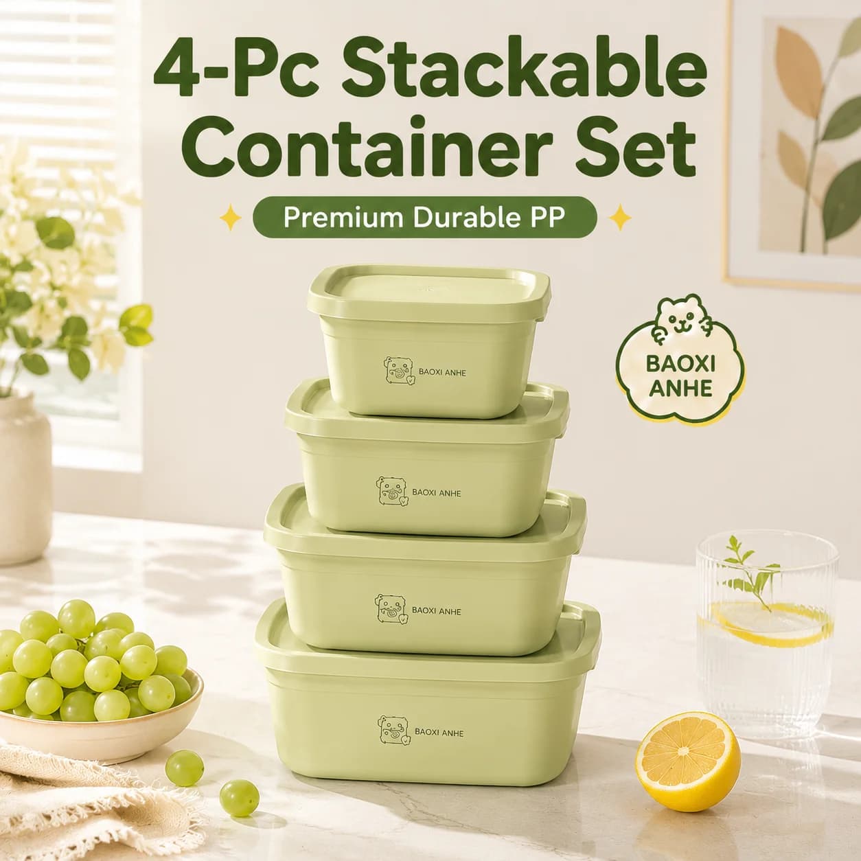 4Pcs Stackable Food Storage Containers with Lids, Reusable Square Meal Prep Boxes, Leak-Resistant Kitchen & Fridge Organizer Set, Microwave Freezer Dishwasher Use, Portable Lunch & Snack Containers