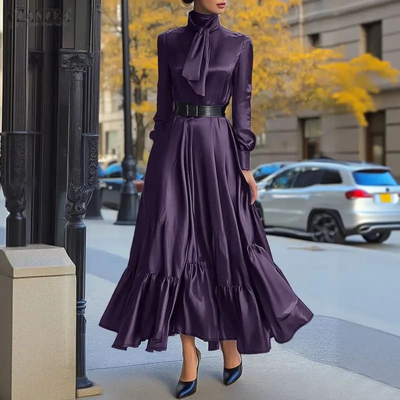 ZANZEA Women's elegant long dress in silk satin with laced neck, long sleeves and curled edge, for parties, evenings and cocktails, women's glossy dress