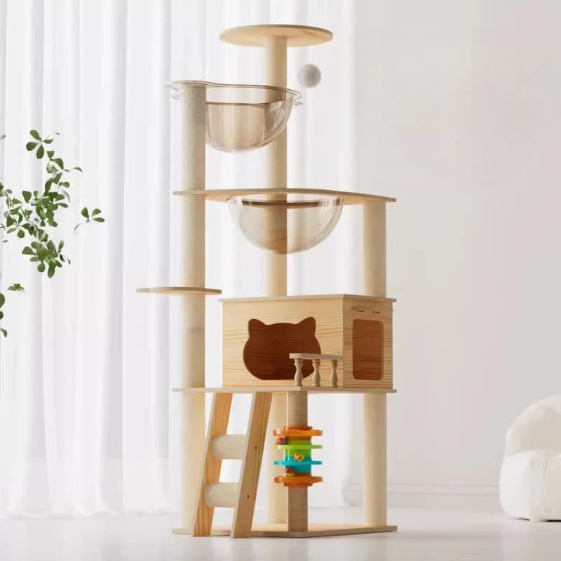 Torre per Gatti con Scale, Tiragraffi in Legno, Scaffali, Accessori di Lusso per Torre per Gatti, Casa, Albero, Giocattolo per Gatti