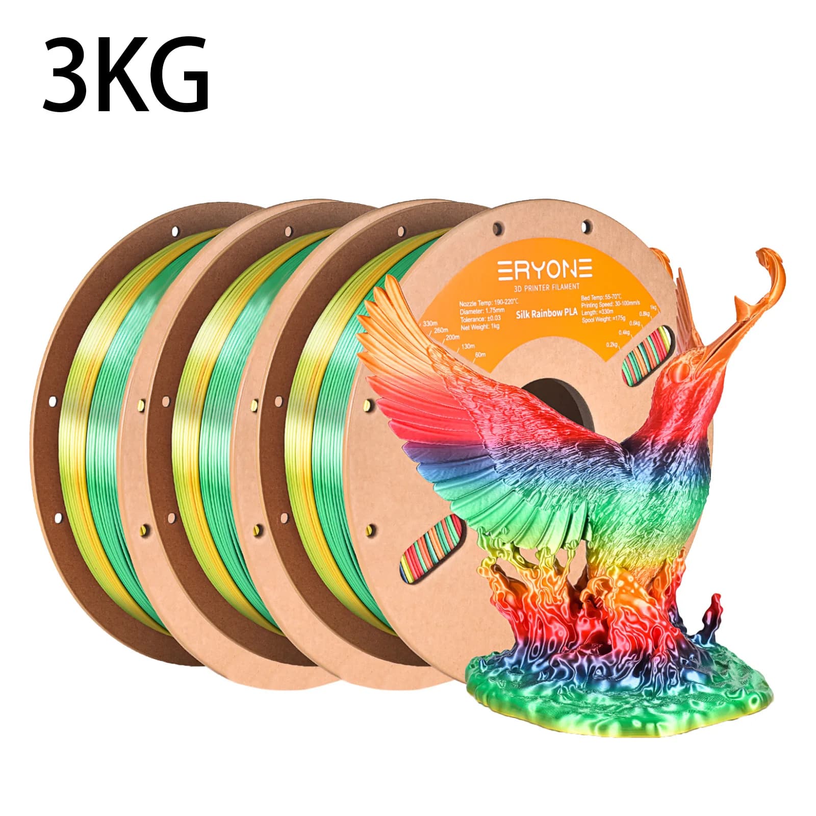 ERYONE 3KG Filament PLA Silk Rainbow 3D Printing, Multicolor Available, Silk Rainbow Plate Filament, Polished Silk, 1 kg/bobine