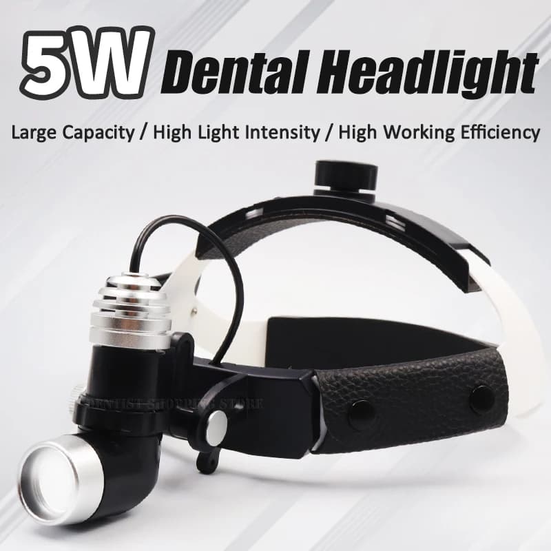 Faro chirurgico dentale ORL LED Lampade da 5 W Fascia per capelli con batteria ricaricabile da 2 pezzi Custodia in metallo Luminosità regolabile