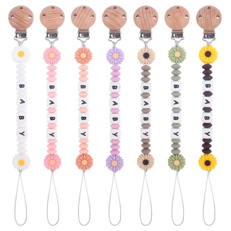 Customized Name Children's Round Clips Wood Flowers Silicone Beads Massage Feeder Chain Nursing Toys Hand-made pacifier