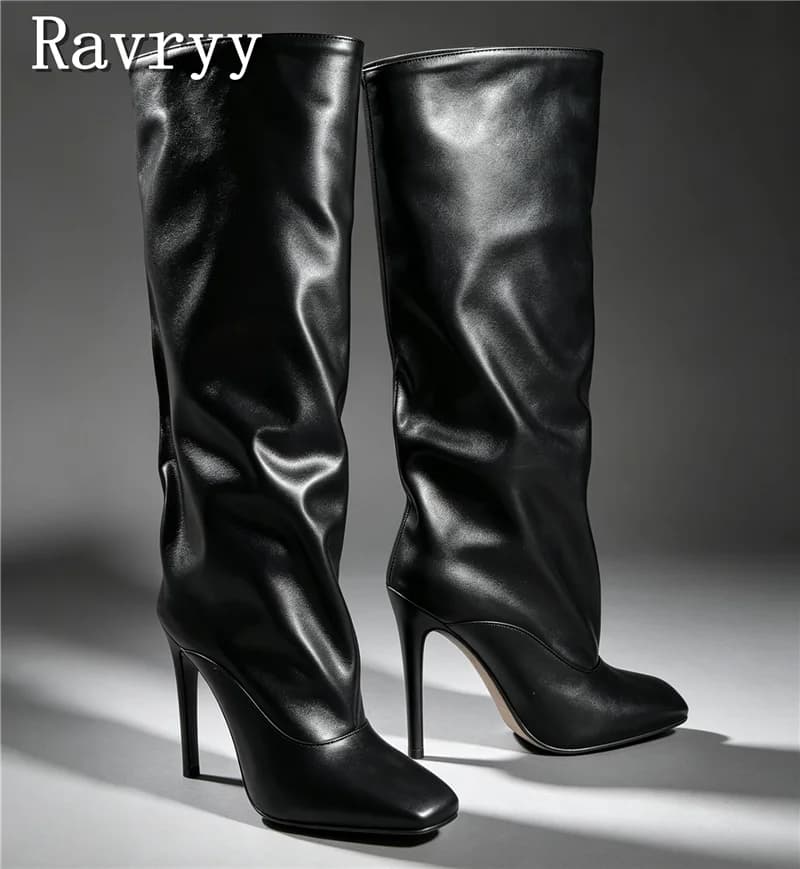 Women Black White Faux Leather Slouch Knee High Boots Square Toe Slip On Stiletto Long Boots Fashion Party Evening Heeled Boots
