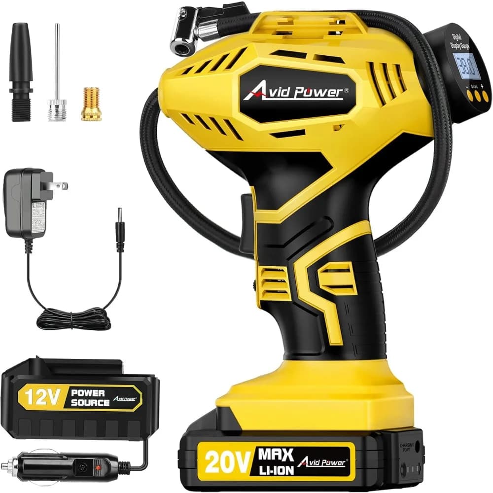 AVID POWER Compressore d'aria portatile per gonfiaggio pneumatici senza fili, pompa per pneumatici per auto alimentata a batteria ricaricabile da 20 V con adattatore CC 12 V,