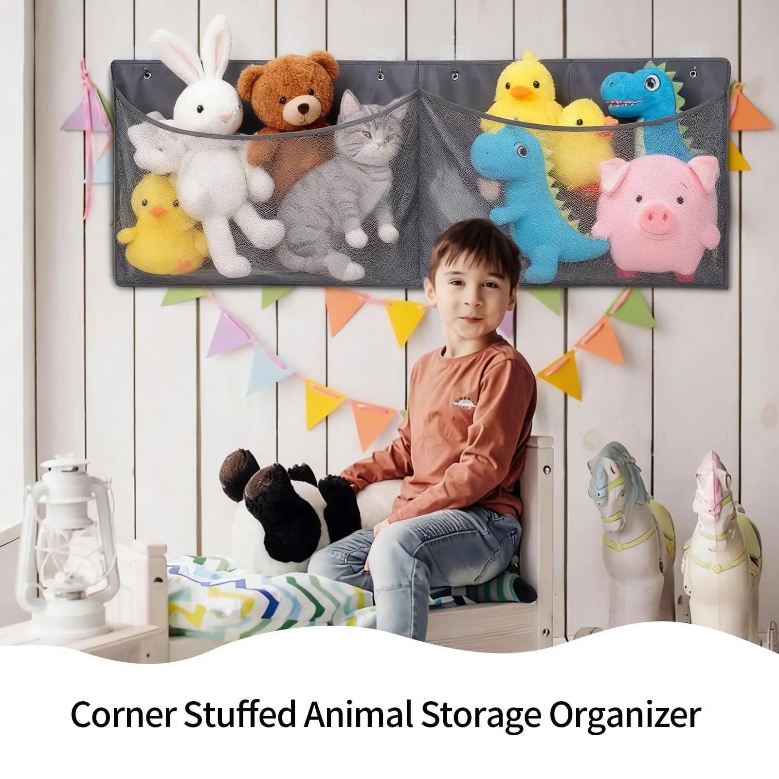 Borsa portaoggetti per rete da parete ad angolo con rete portaoggetti per giocattoli per borsa organizer per bambole con animali di peluche, arredamento per la camera dei ragazzi e delle ragazze, sala giochi per bambini