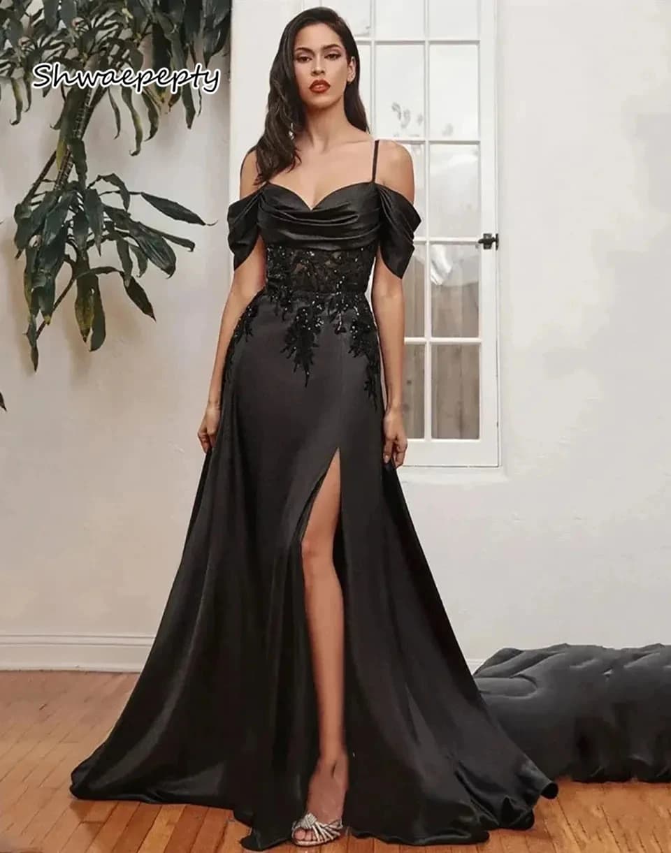 Abito da ballo nero con spacco laterale, spalline sottili, spalle scoperte, abito da sera lungo da festa, abiti formali da donna personalizzati