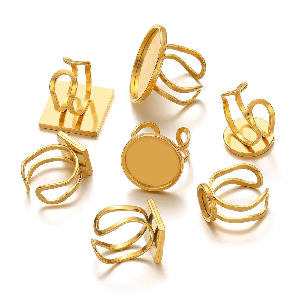 4pcs Gold Stainless Steel Open Ring Settings Flat Blank Base Large Round Square Resin Cabochons Tray Ring Bezel Jewelry Making