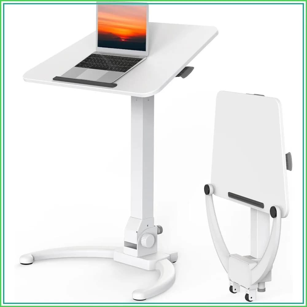 Foldable Mobile Standing Desk, Height Adjustable Sit Stand Desk, 90° Tiltable Rolling Laptop Table, Portable Workstation with Wheels Non-Slip Mat, Holds Up to 22lbs