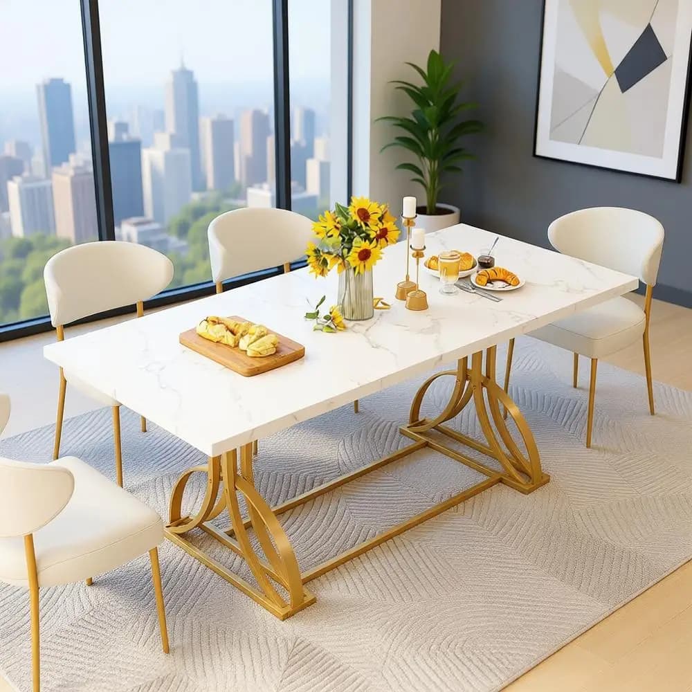 Tavolo da pranzo moderno rettangolare bianco da 70 pollici per 4-6 con gambe dorate, perfetto per la casa, la cucina, l'uso nel ristorante