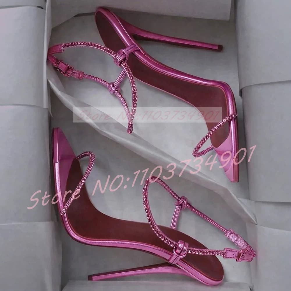 Pink Crystal Ankle Strap 12CM Stiletto Sandals Women Sexy metallic Pointed toe slingback High Heels Sandals Party Dress Shoes