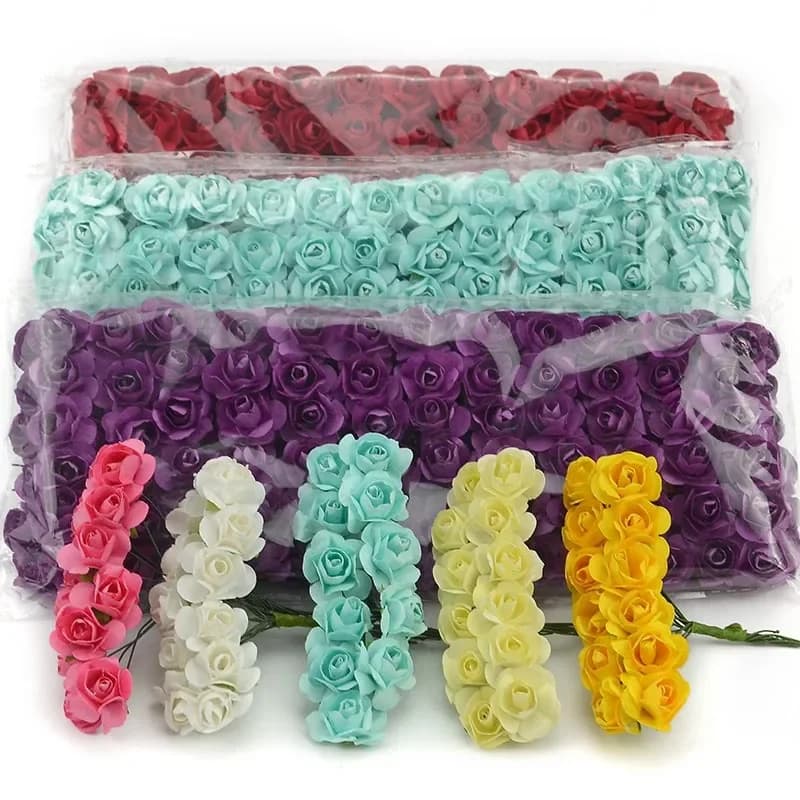 144 pz/lotto 1.5cm di carta rosa artificiale fiori di rosa mani per la decorazione di nozze Scrapbooking piccolo Bouquet di fiori finti