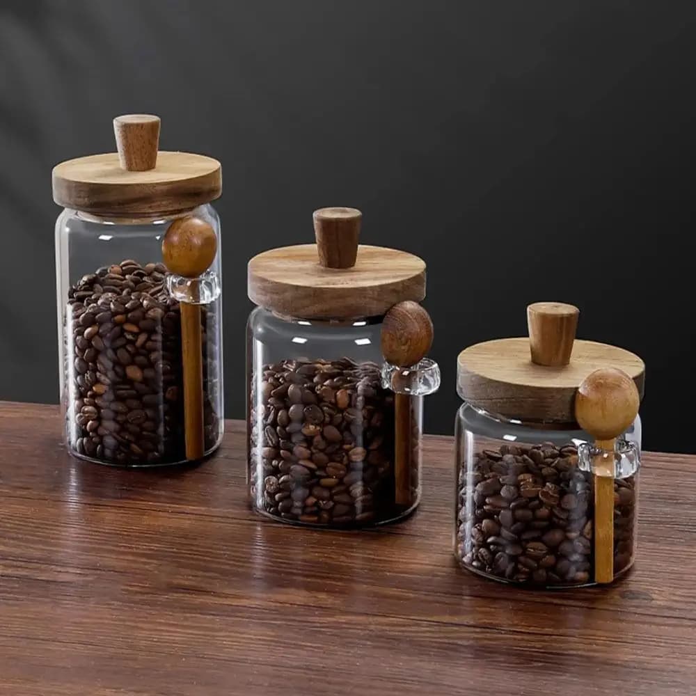 Moisture-proof Coffee Bean Storage Jar With Wood Spoon Top Handle Clear Spice Storage Tank Wide mouth design with Wooden Lid