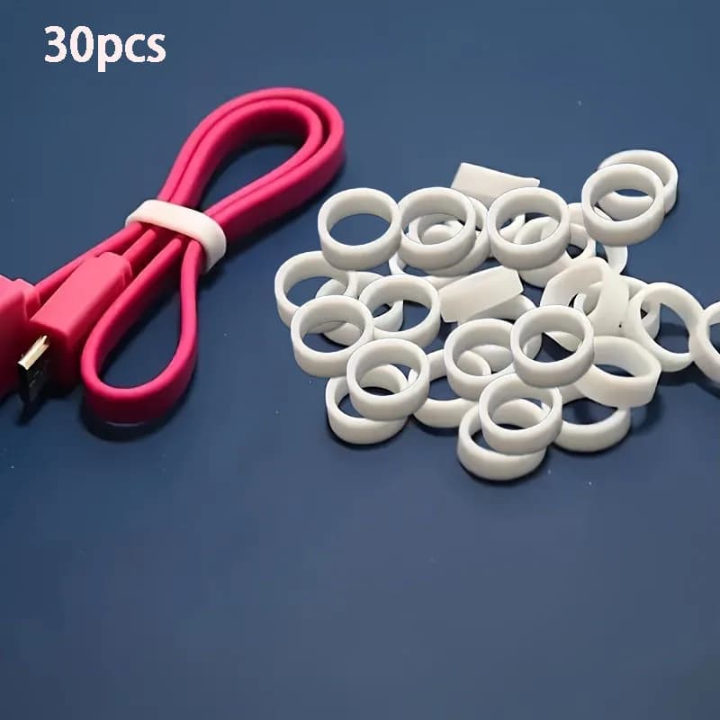 30 White Silicone Cable Ties - High Elastic Rubber Ties for organizing wires and data cables, Home, Office, School Storage Accessories, Simple Cable Management