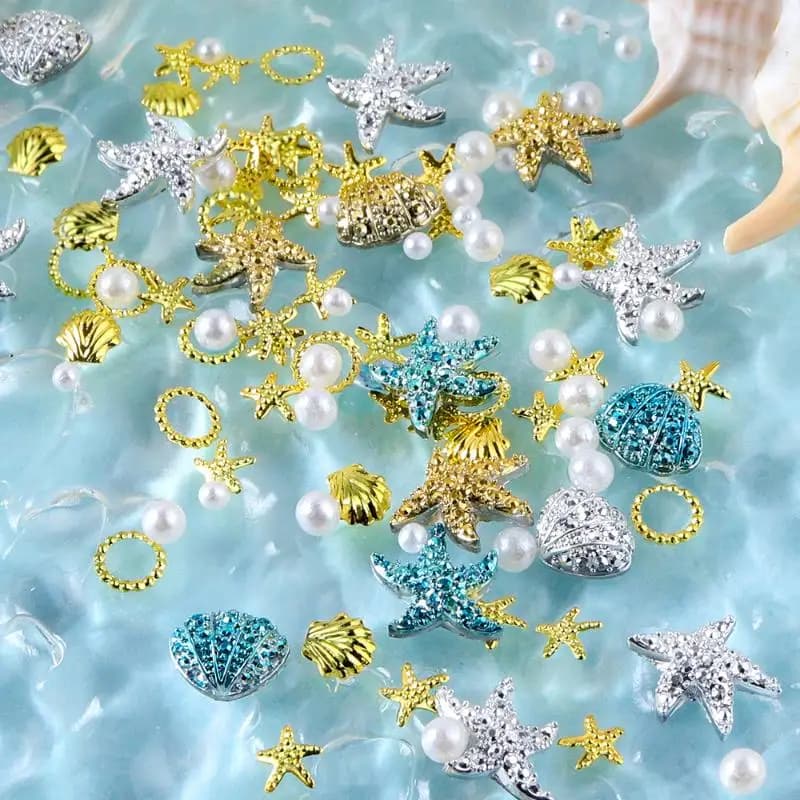 Summer Ocean Nail Charms 3D Metal Resin With Pearls Decoration Gold Silver Blue Shell Starfish Rivet Jewelry Nail Art Accessory