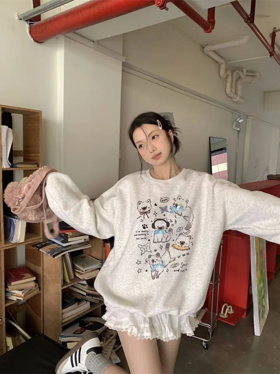 Cute Bow Print round Neck Hoodie Women's Design Sense Small Audience Student Top Autumn Winter New Arrival 2024 Polyester Fiber