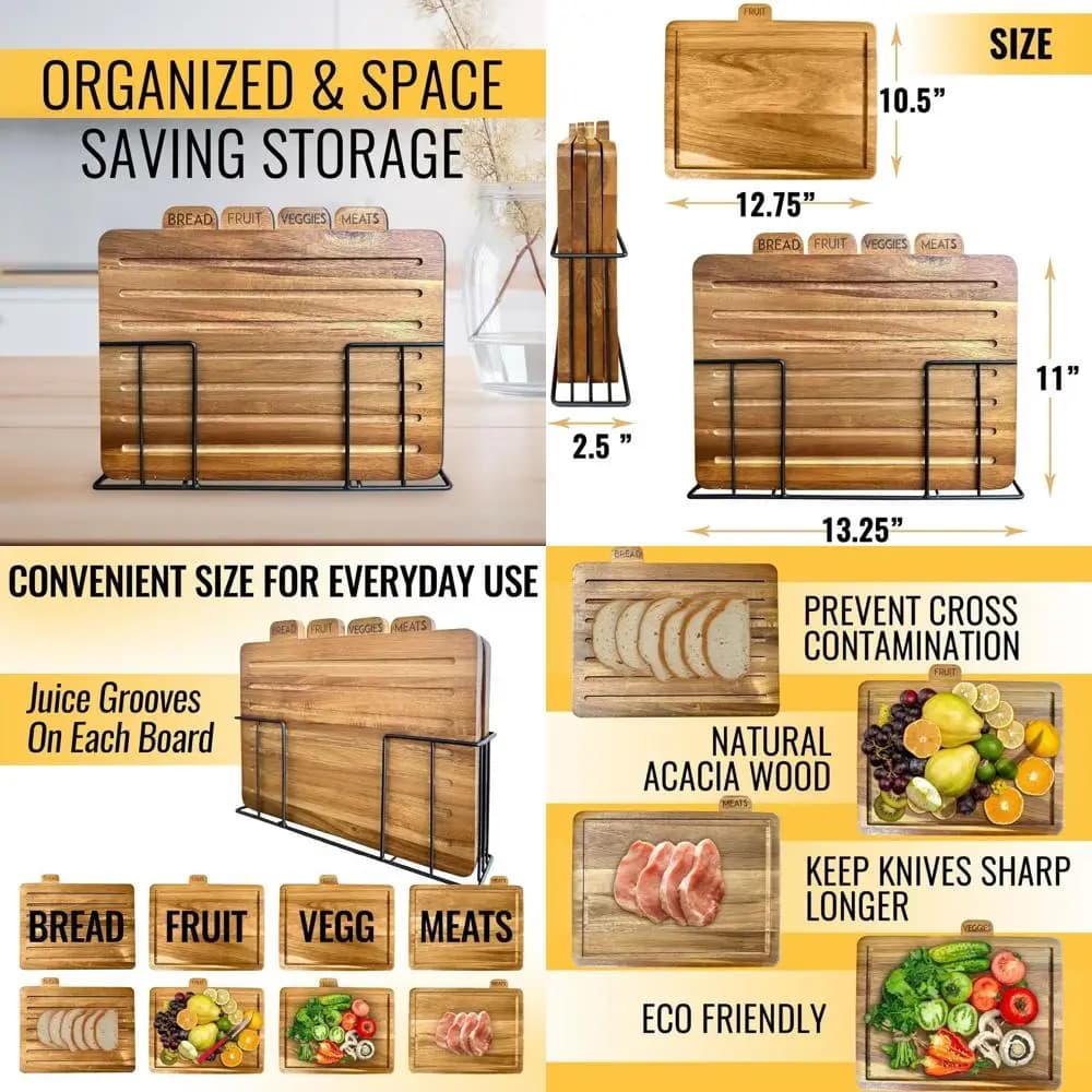 Set di tagliere in legno di grandi dimensioni con 4 pezzi e supporto dorato | Taglieri da cucina non tossici | Tavole di legno etichettate 13x11x2,5