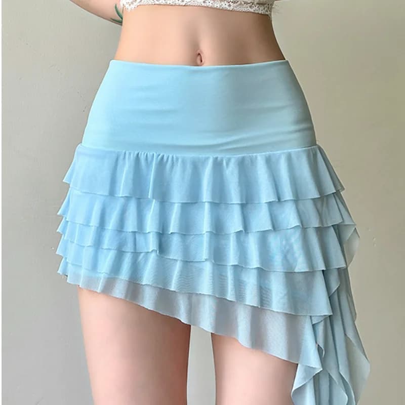 Gonna Corta in Pizzo Blu con Orlo Irregolare, Stile Estivo Sexy e Desiderabile per Donne, Gonna Plissettata Casual in Fibra di Poliestere
