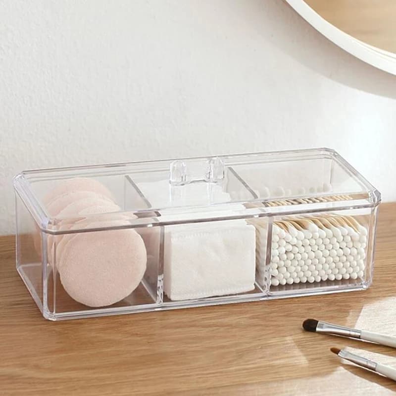 Scatola portaoggetti cosmetica trasparente Organizzatore per trucco Tampone di cotone a tre colori Scatola portaoggetti per batuffoli di cotone Materiale acrilico da tavolo