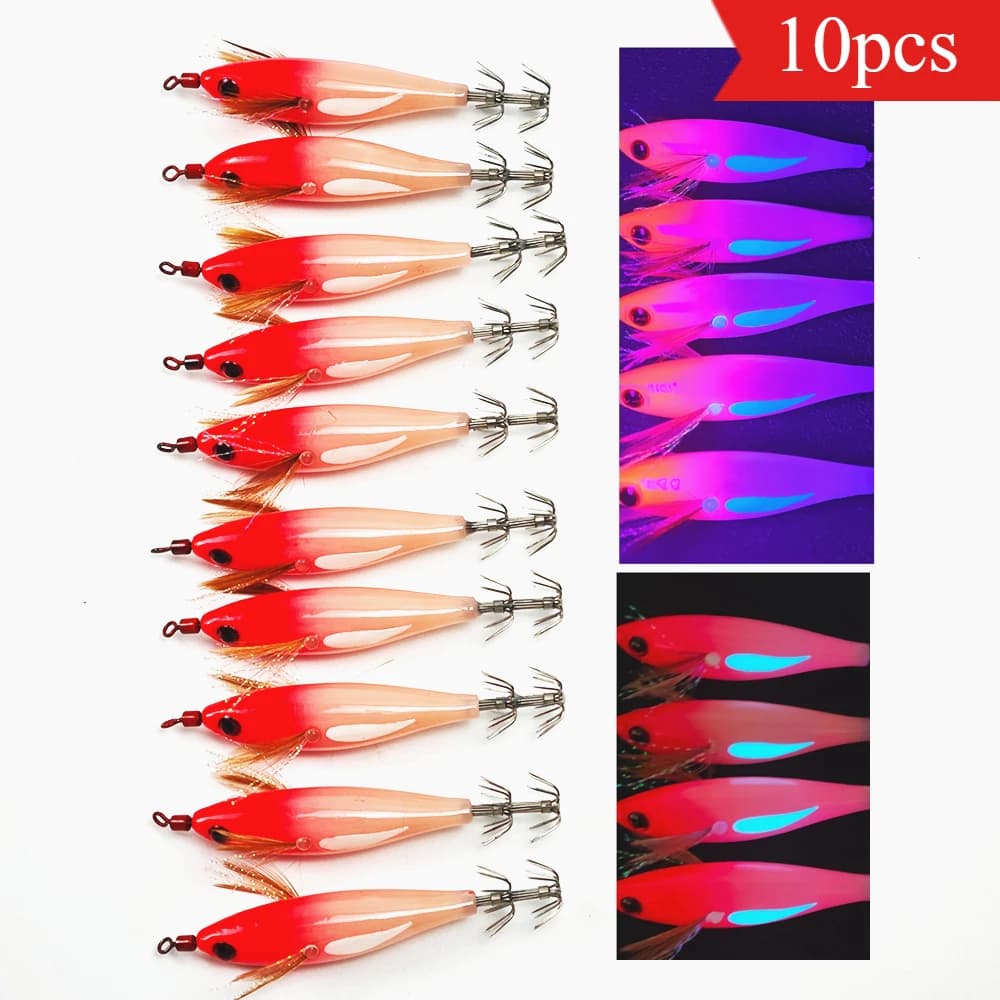 Set di 10 Esche Artificiali Orizzontali per Calamari, Luminose UV, per Pesca di Gamberi, Seppie e Polpi in Acqua Salata