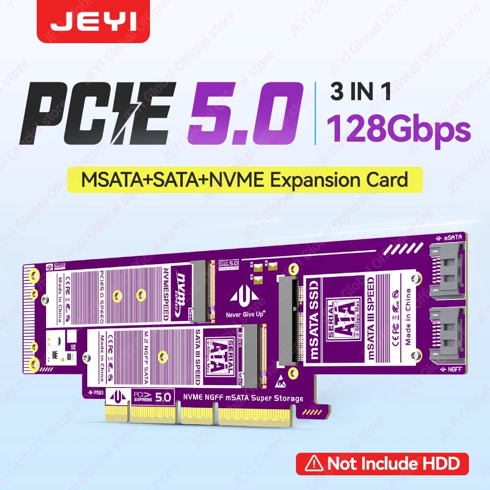 Adattatore JEYI 3 in 1 NVMe NGFF e mSATA SSD PCIe 5.0/4.0, Convertitore da M.2 NVME a PCIE/M.2 SATA SSD a SATA III/mSATA a SATA