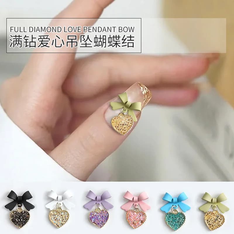5Pcs Sweet Design Nail Art Designs Charms 6 colori Bow Heart Alloy Crystal strass Full Diamond Nail Pendant Jewelry