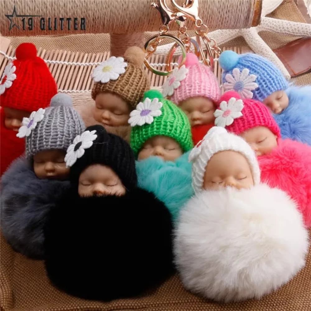 Cute Pompom Sleeping Baby Keychain Fluffy Plush Doll Gift Car Key Ring Fur Ball Bag Pendant Couple