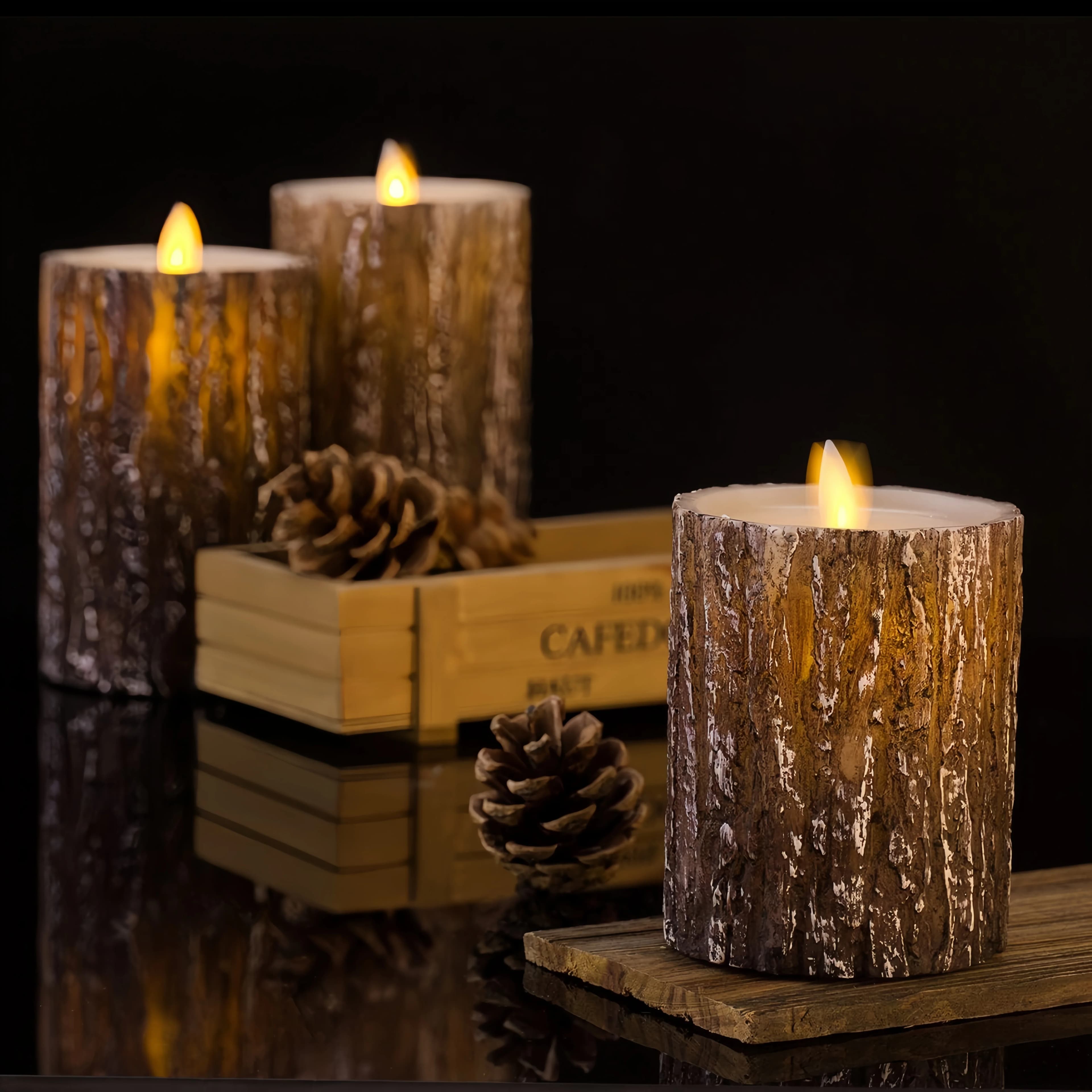 Battery Operated/USB rechargeable Pine Bark LED Flameless Candles Pillar Paraffin Candle Flickering Dancing Moving wick f/Table