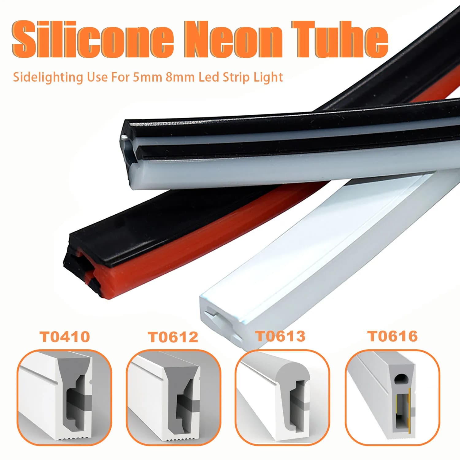 IP67 Waterproof LED Silicone Tube, Side‑Emitting Flexible Protective Sleeve for 6mm/8mm COB WS2812 5050 LED Strip, White & Black
