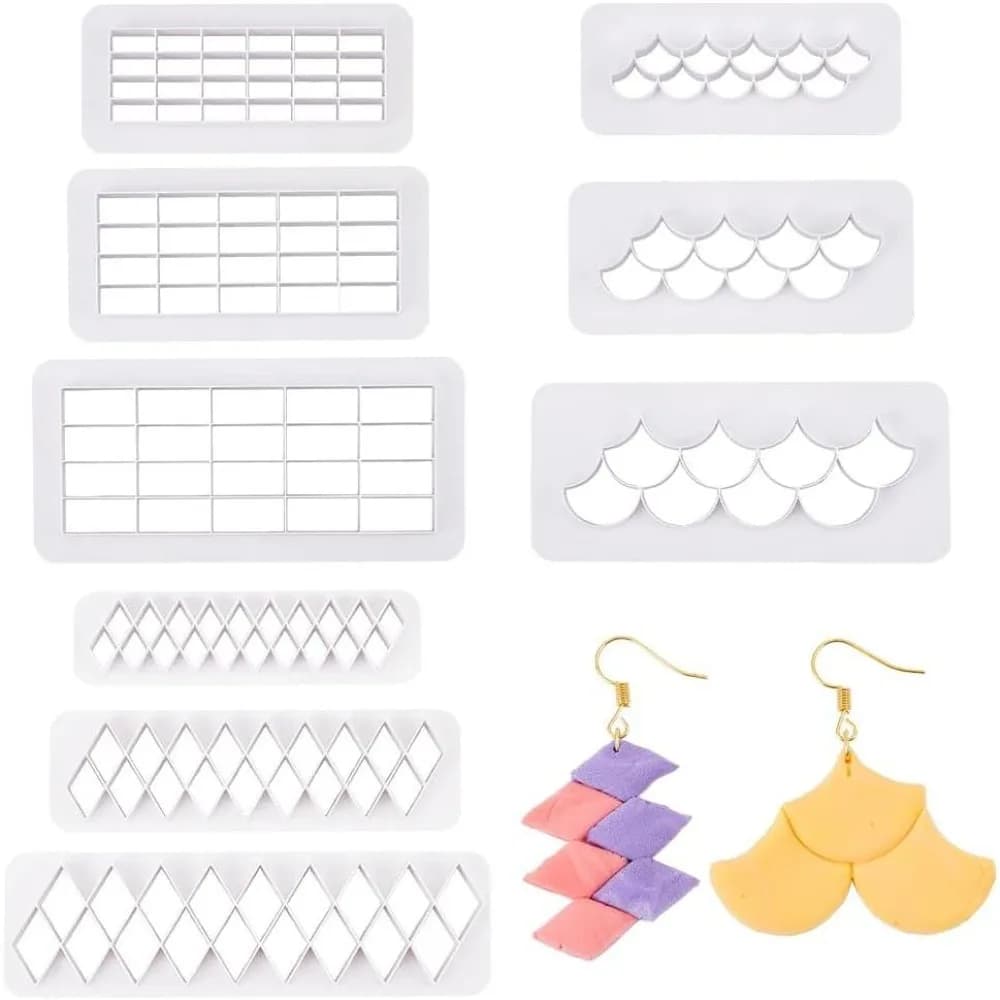 9Pcs 3 Styles Clay Earring Cutters Plastic Clay Cutters White Rhombus Fish Scale Rectangular Cutting Moulds Checker Board Maker