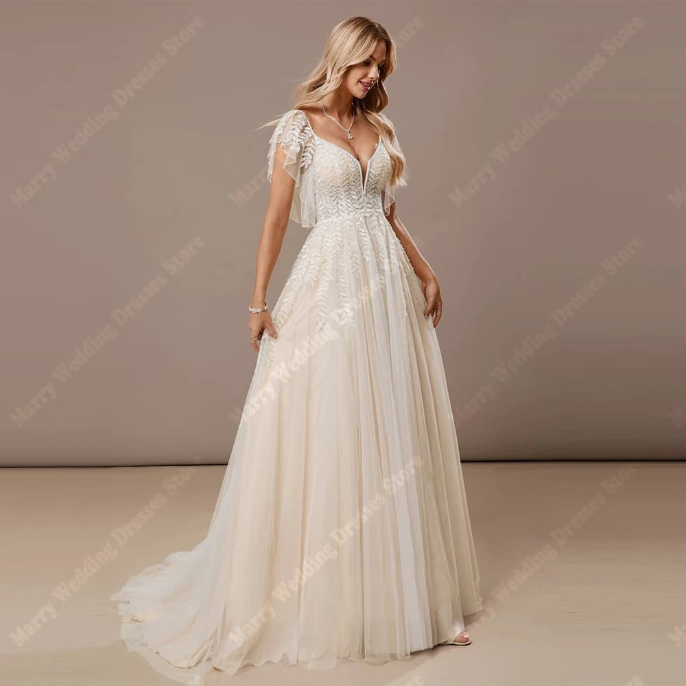 Charming Women's Wedding Dresses Sexy V-neck A-Line Tulle Wedding Dresses Length Washing Bar Backless Robe De Mariée Customized