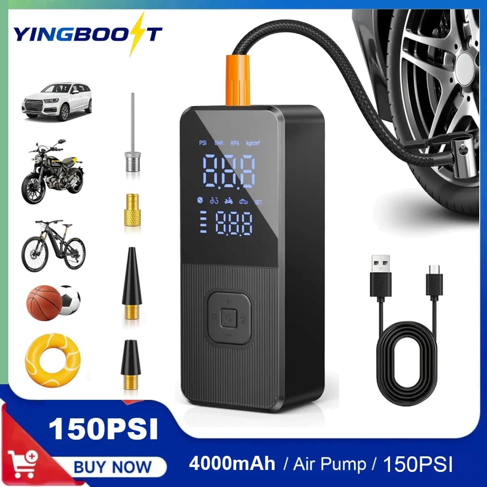 Pompa per Pneumatici YINGBOOS, Gonfiatore 150 PSI con Pressione Digitale e Luce LED per Auto, Bici, Moto, Palloni