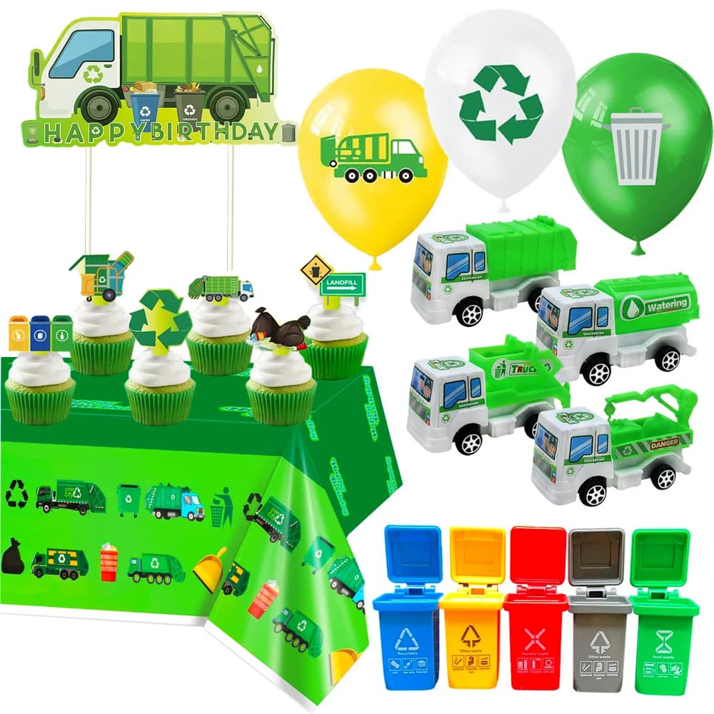 Camion della spazzatura Forniture per feste di compleanno Palloncini Tazza Toppers per torte Mini pattumiera Giocattoli Regali Gestione dei rifiuti Riciclaggio Decorazioni per feste