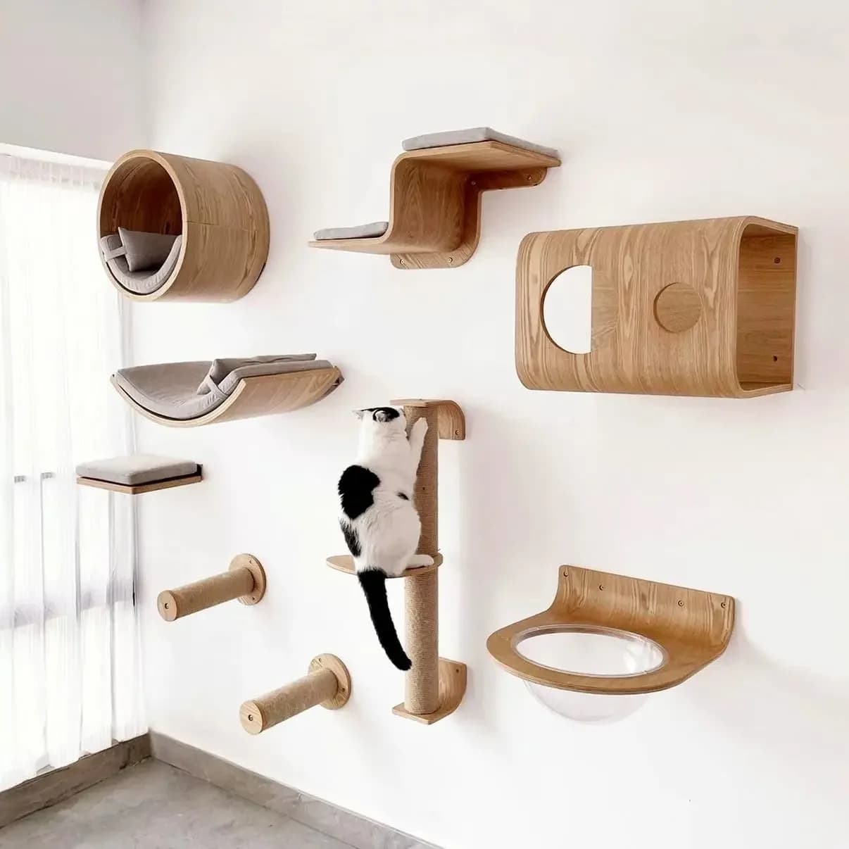 Set da Parete per Gatti con Amaca, Scale e Casetta, Accessorio per Animali Domestici per Passeggiate e Gioco